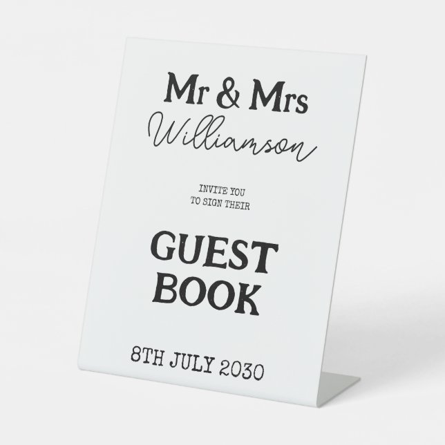 Mr And Mrs Black And White Wedding Guest Book Pedestal Sign (Front)