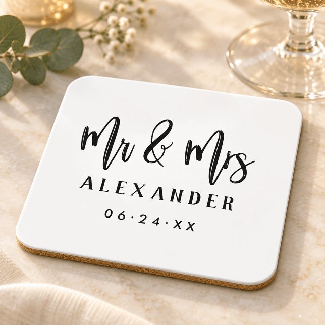 Mr and Mrs Black Brushed Script Wedding Monogram Coaster (Creator Uploaded)