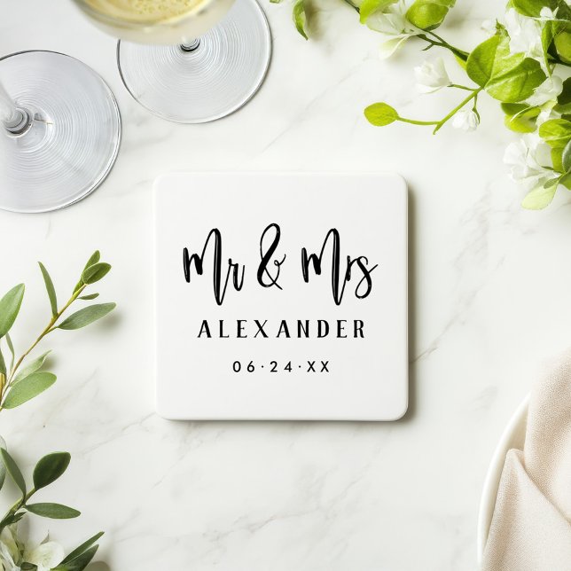 Mr and Mrs Black Brushed Script Wedding Monogram Coaster (Creator Uploaded)