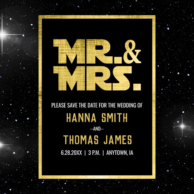 Mr and Mrs Black Gold Sci Fi Theme Save The Date (sci fi wedding save the date)