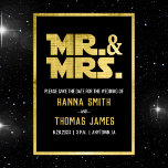 Mr and Mrs Black Gold Sci Fi Theme Wedding Announcement Postcard<br><div class="desc">Make a stellar announcement with our Sci-Fi Geek Themed Wedding Save the Date. Dressed in luxurious black and gold hues, emblazoned with "Mr. and Mrs." in a captivating font, it's a glimpse into your celestial romance. Secure your spot in the universe—save the date for a wedding that's truly out of...</div>