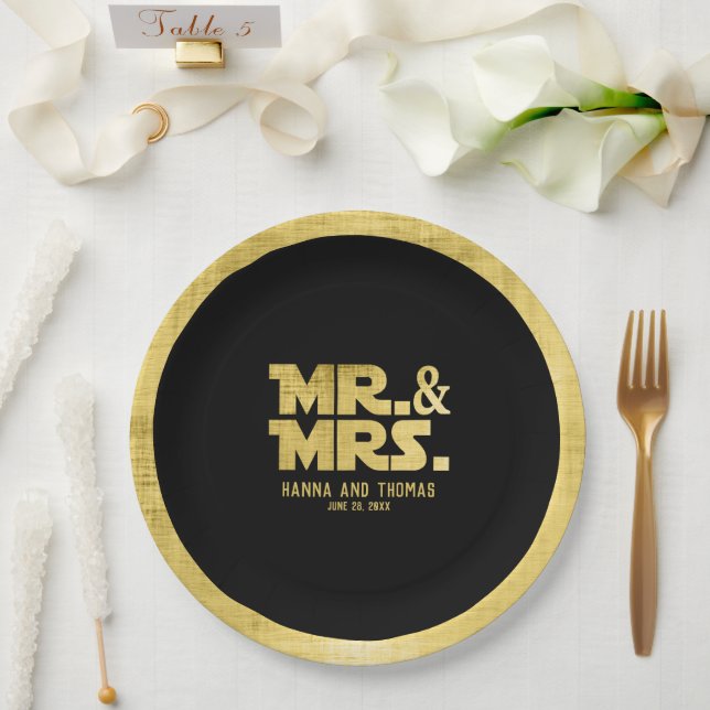 Mr and Mrs Black Gold Sci Fi Theme Wedding Paper Plate (Wedding)