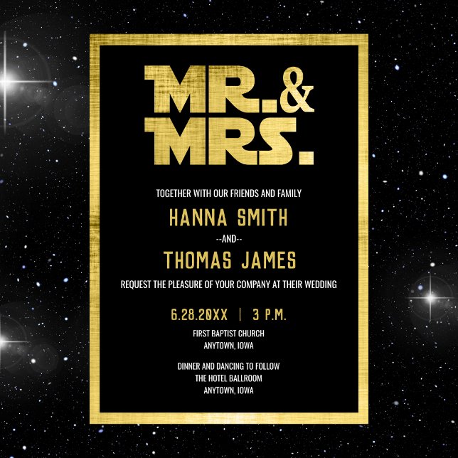 Mr and Mrs Black Gold Sci Fi Wedding Invitation Postcard (sci fi invitation postcard)