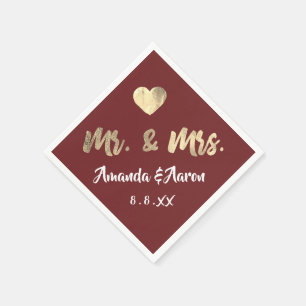 Mr. and Mrs. Black White Names Heart Maroon Napkin