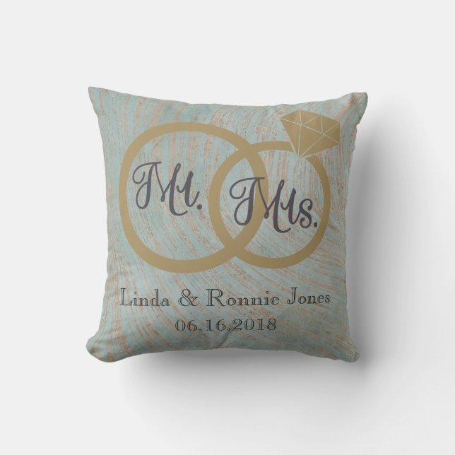 Mr and Mrs Blue and Copper Wedding Cushion (Front)
