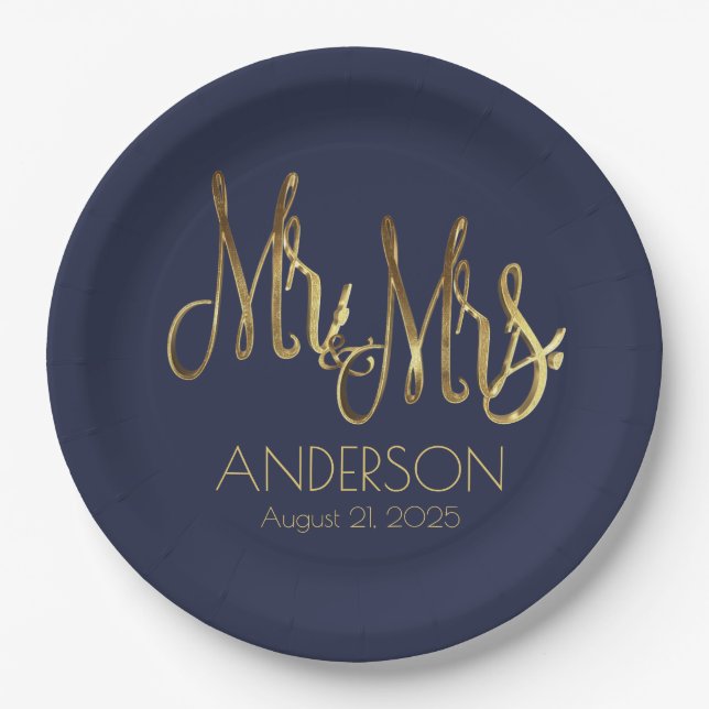 Mr. and Mrs. Blue and Gold Elegant Add Name Date Paper Plate (Front)