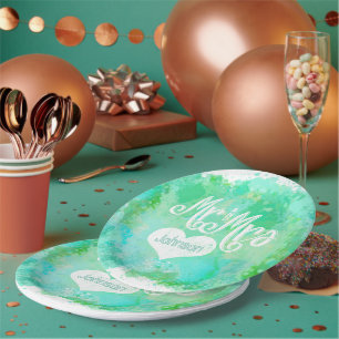 Mr. and Mrs. Blue Green Watercolor Style Paper Plate