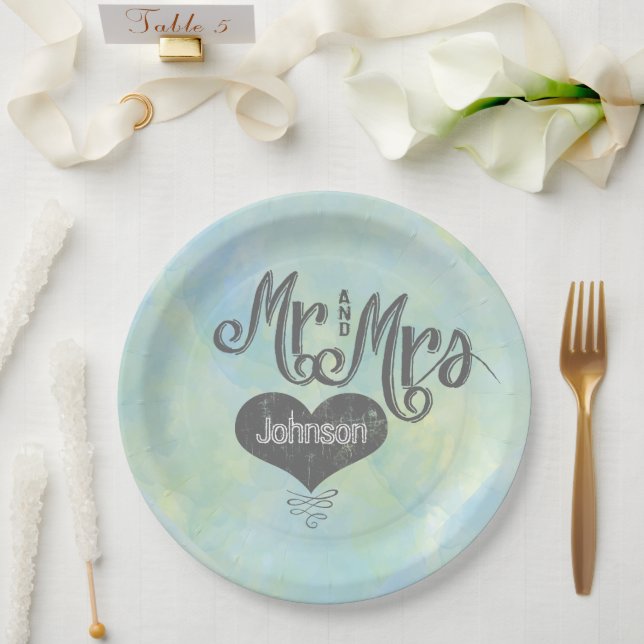 Mr. and Mrs. Blue Green Watercolor Style Paper Plate (Wedding)