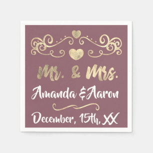 Mr. and Mrs. Blush Mauve White Hearts Name Golden Napkin