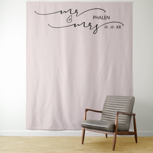 Mr. and Mrs. Blush Rose Wedding Backdrop Tapestry (In Situ)
