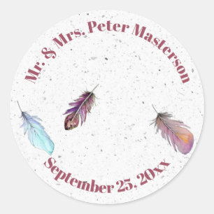 Mr. and Mrs. Boho Feather Design with Name Date    Classic Round Sticker