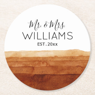Mr. and Mrs. Boho Watercolor Abstract Desert    Round Paper Coaster