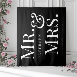 Mr and Mrs bold typography black wedding backdrop Tapestry