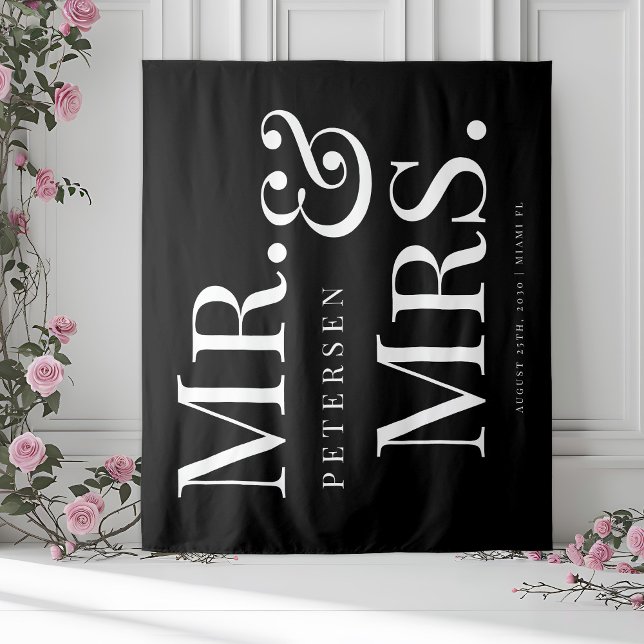 Mr and Mrs bold typography black wedding backdrop Tapestry (Creator Uploaded)