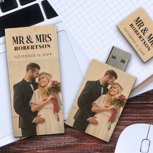 Mr and Mrs Bold Typography Wedding Photos Wood USB Flash Drive