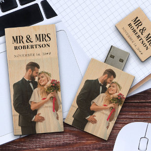 Mr and Mrs Bold Typography Wedding Photos Wood USB Flash Drive