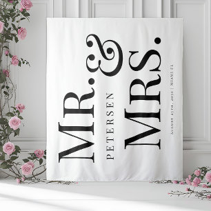 Mr and Mrs bold typography white wedding backdrop Tapestry