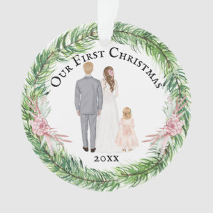 Mr and Mrs bride groom child caucasian family Ornament