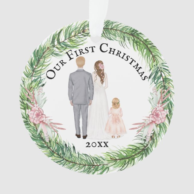 Mr and Mrs bride groom child caucasian family Ornament (Front)