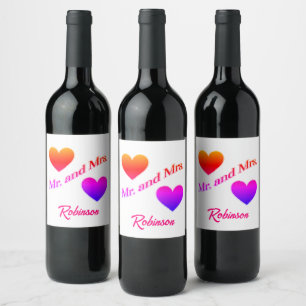 Mr and Mrs Bright Colours Custom Surname Last Name Wine Label