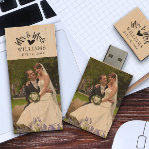 Mr and Mrs Brush Script Wedding Photos Wood USB Flash Drive