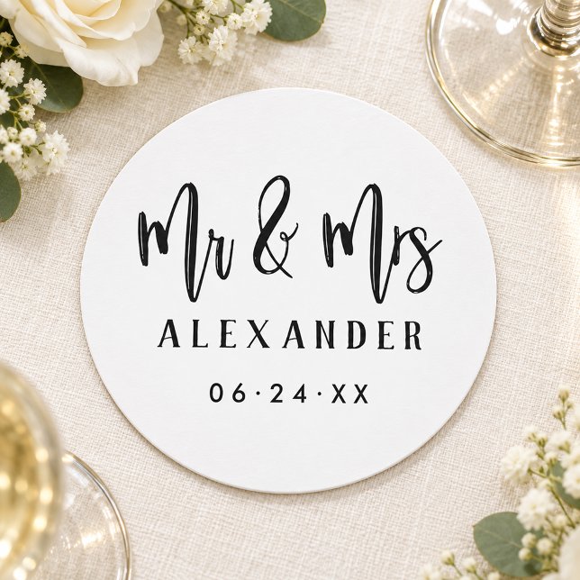 Mr and Mrs Brushed Script Wedding Date Round Paper Coaster (Creator Uploaded)