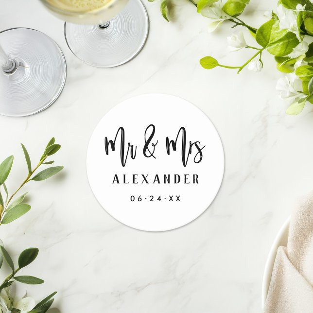 Mr and Mrs Brushed Script Wedding Date Round Paper Coaster (Creator Uploaded)
