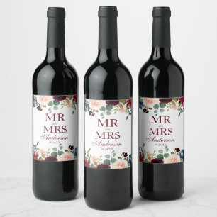 Mr. and Mrs. Burgundy Blue Floral Wedding Wine Label