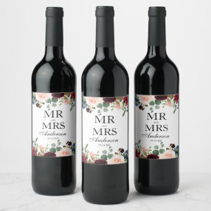 Mr. and Mrs. Burgundy Blue Floral Wedding Wine Label