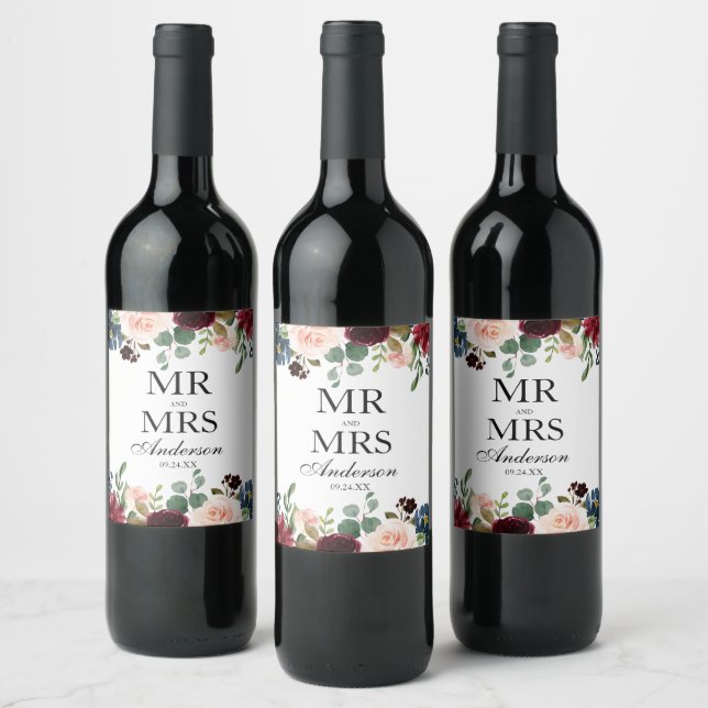 Mr. and Mrs. Burgundy Blue Floral Wedding Wine Label (Bottles)