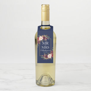 Mr. and Mrs. Burgundy Floral Blue Gold Wedding Bottle Tag