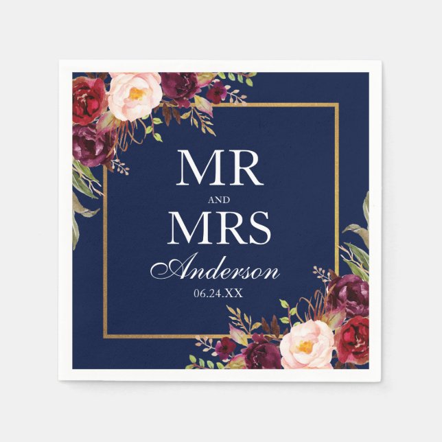 Mr. and Mrs. Burgundy Floral Blue Gold Wedding Napkin (Front)