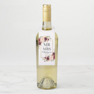 Mr. and Mrs. Burgundy Floral Wedding Bottle Tag