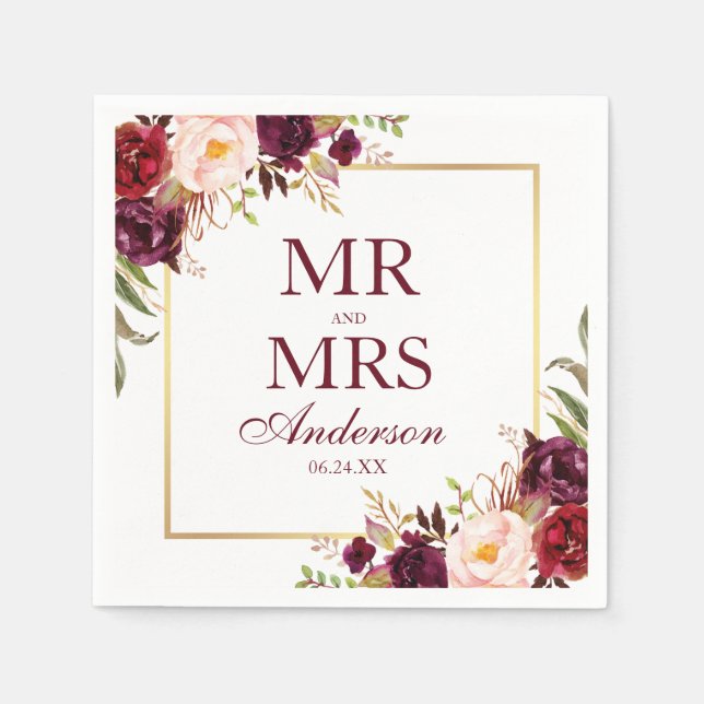 Mr. and Mrs. Burgundy Floral Wedding Napkin (Front)