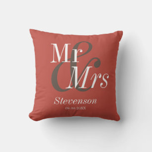Mr and Mrs Burnt Orange Modern Wedding Gift Cushion