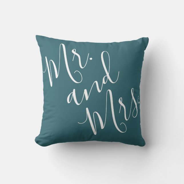 Mr. and Mrs. Calligraphy Peacock Blue (Teal, Aqua) Cushion (Front)