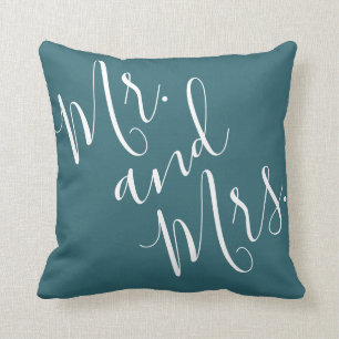 Mr. and Mrs. Calligraphy Peacock Blue (Teal, Aqua) Cushion