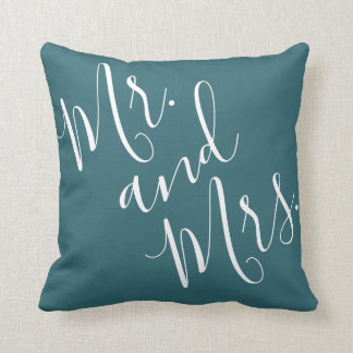 Mr. and Mrs. Calligraphy Peacock Blue (Teal, Aqua) Cushion