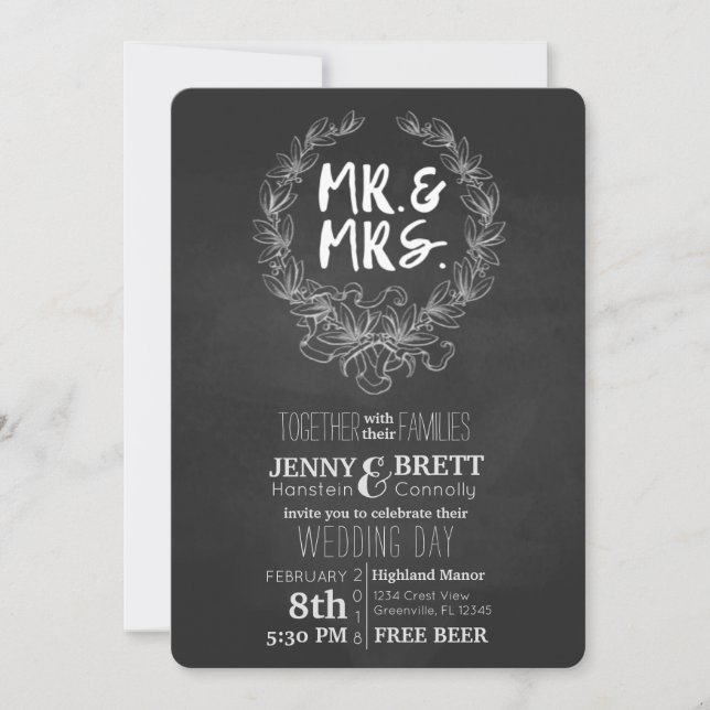 Mr and Mrs Chalkboard Free Beer Wedding Invtation Invitation (Front)