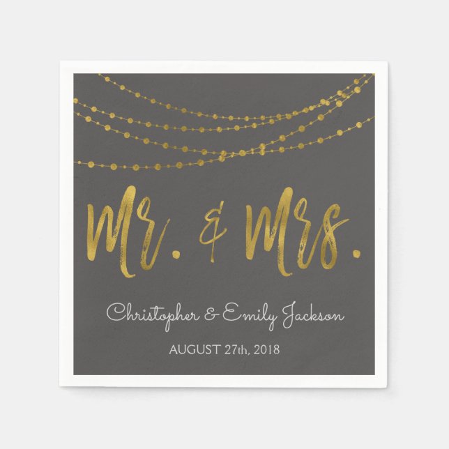 Mr. and Mrs.Charcoal and Gold Foil String Lights Napkin (Front)