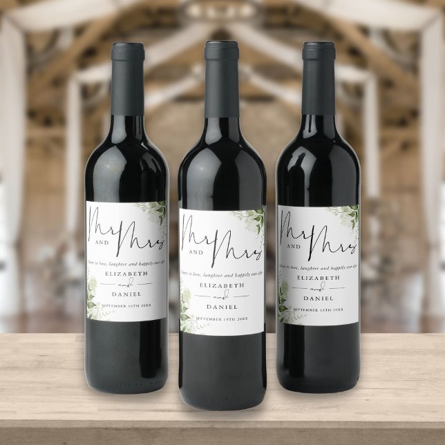 Mr And Mrs Cheers To Love Greenery Wedding Wine Label (Creator Uploaded)