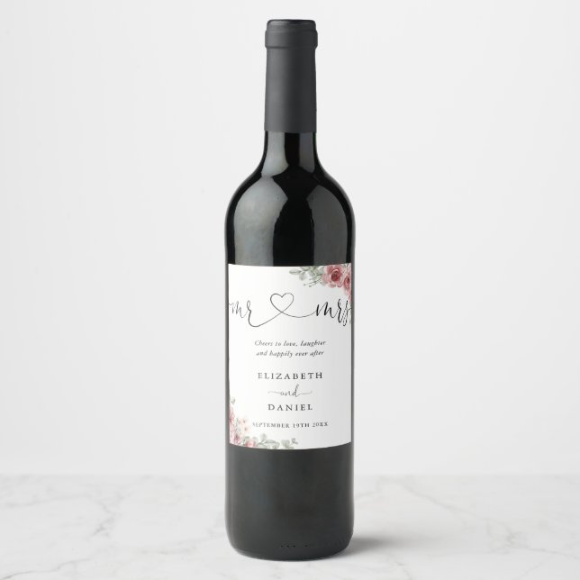 Mr And Mrs Cheers To Love Heart Script Wedding Wine Label (Front)