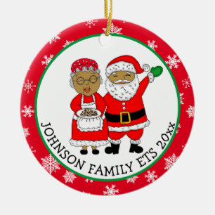 Mr and Mrs Claus, African-American Santa Christmas Ceramic Tree Decoration