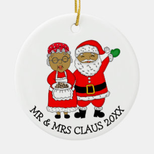 Mr and Mrs Claus, African-American Santa Christmas Ceramic Tree Decoration