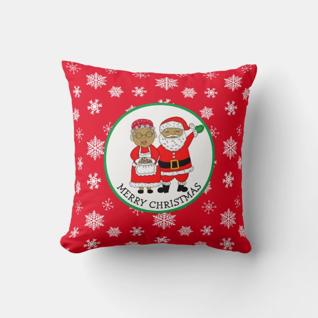 Mr and Mrs Claus, African-American Santa Christmas Cushion (Front)