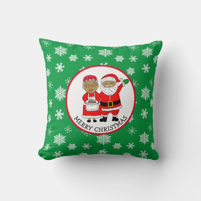 Mr and Mrs Claus, African-American Santa Christmas Cushion (Front)