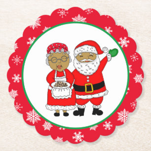 Mr and Mrs Claus, African-American Santa Christmas Paper Coaster