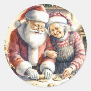 Mr and Mrs Claus Baking Cookies Custom Christmas Classic Round Sticker