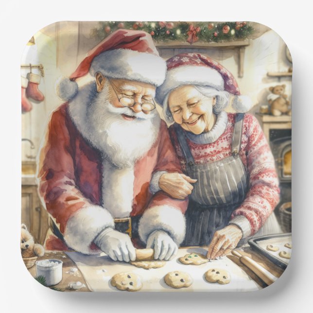 Mr and Mrs Claus Baking Cookies Custom Christmas Paper Plate (Front)
