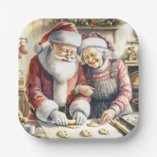 Mr and Mrs Claus Baking Cookies Custom Christmas Paper Plate